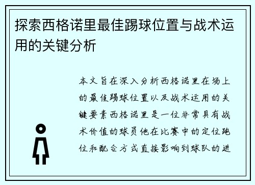探索西格诺里最佳踢球位置与战术运用的关键分析