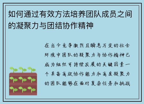 如何通过有效方法培养团队成员之间的凝聚力与团结协作精神