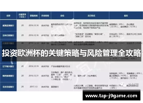 投资欧洲杯的关键策略与风险管理全攻略 投资欧洲杯的关键策略与风险管理全攻略