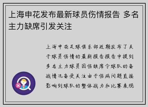 上海申花发布最新球员伤情报告 多名主力缺席引发关注 上海申花发布最新球员伤情报告 多名主力缺席引发关注